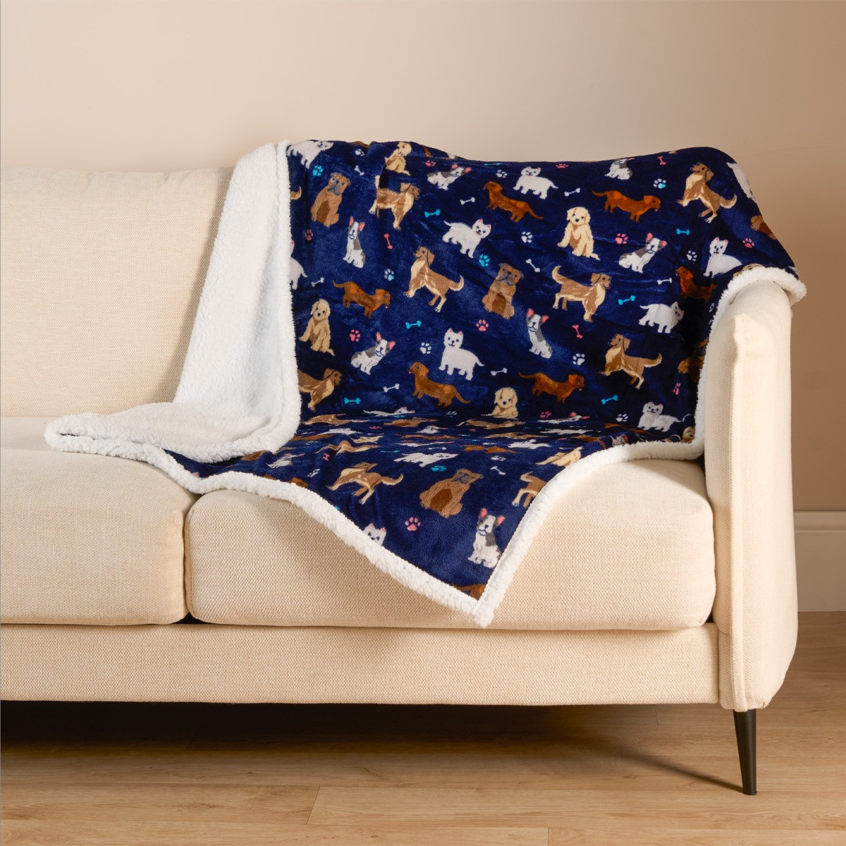 OHS Pet Dog Print Sherpa Reverse Throw - Navy >