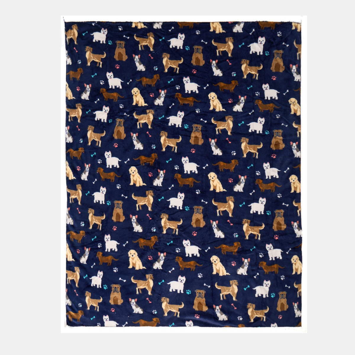 OHS Pet Dog Print Sherpa Reverse Throw - Navy >