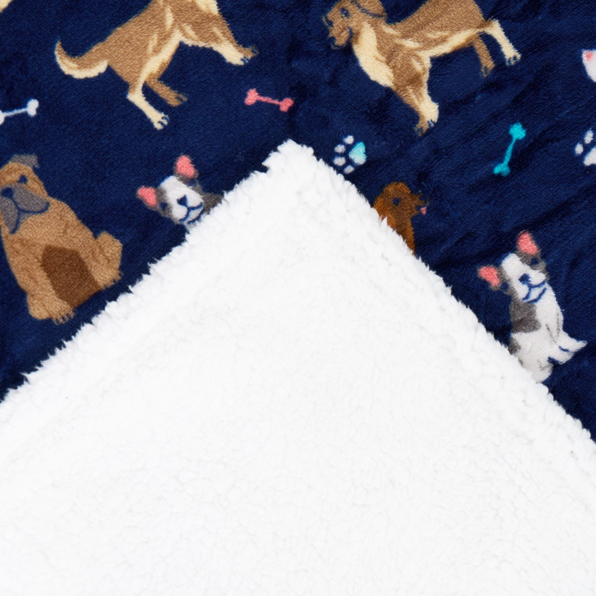 OHS Pet Dog Print Sherpa Reverse Throw - Navy >