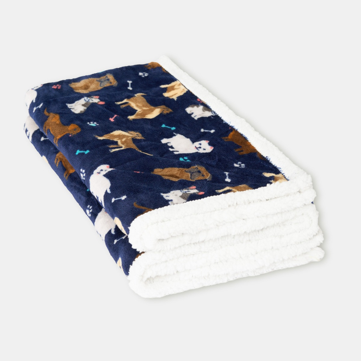 OHS Pet Dog Print Sherpa Reverse Throw - Navy >