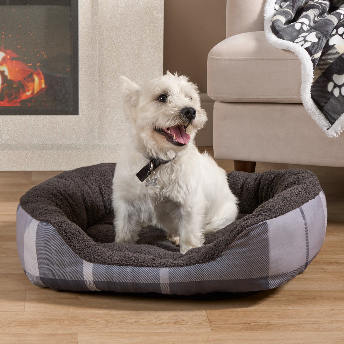 OHS Winsford Check Printed Pet Bed - Grey>