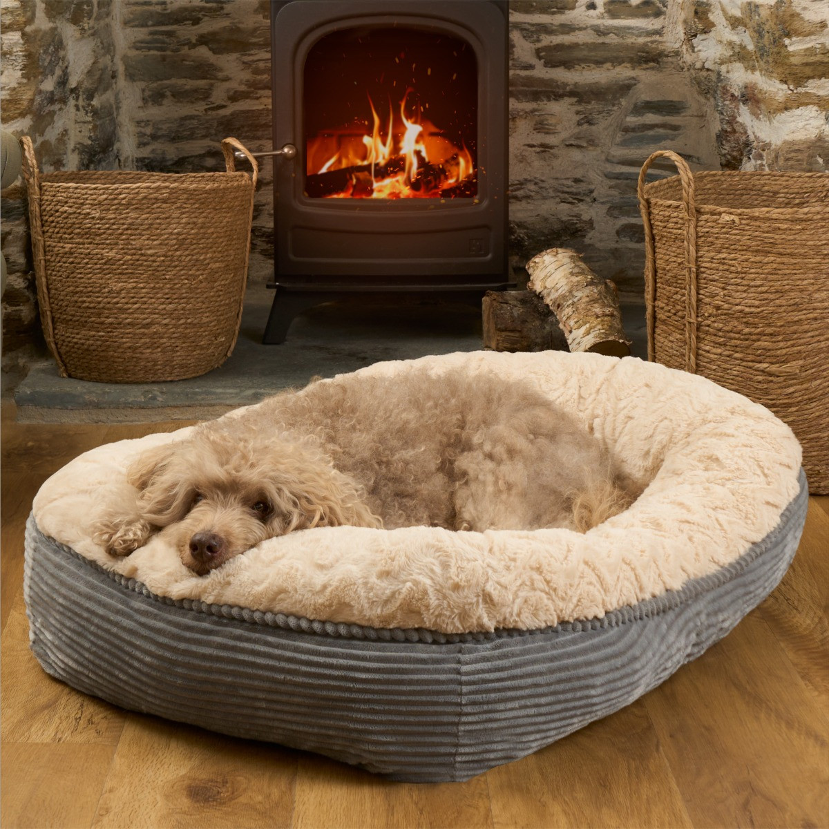 OHS Soft Faux Fur Ribbed Pet Bed, Cream/Grey - Large>