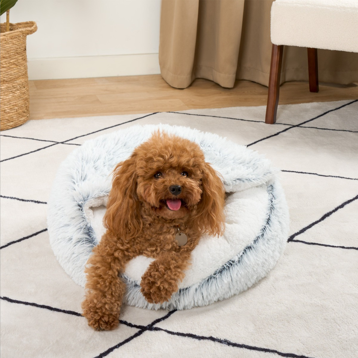 OHS Half Dome Fluffy Pet Bed - Blue/White>