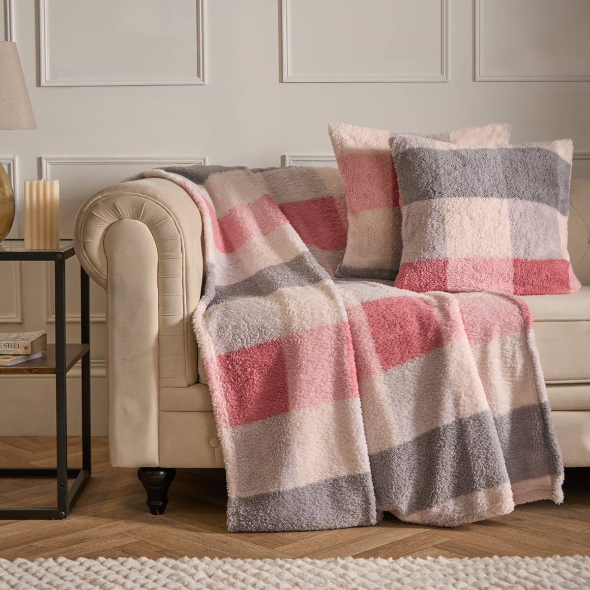 OHS Gingham Check Teddy Cushion Covers - Blush>