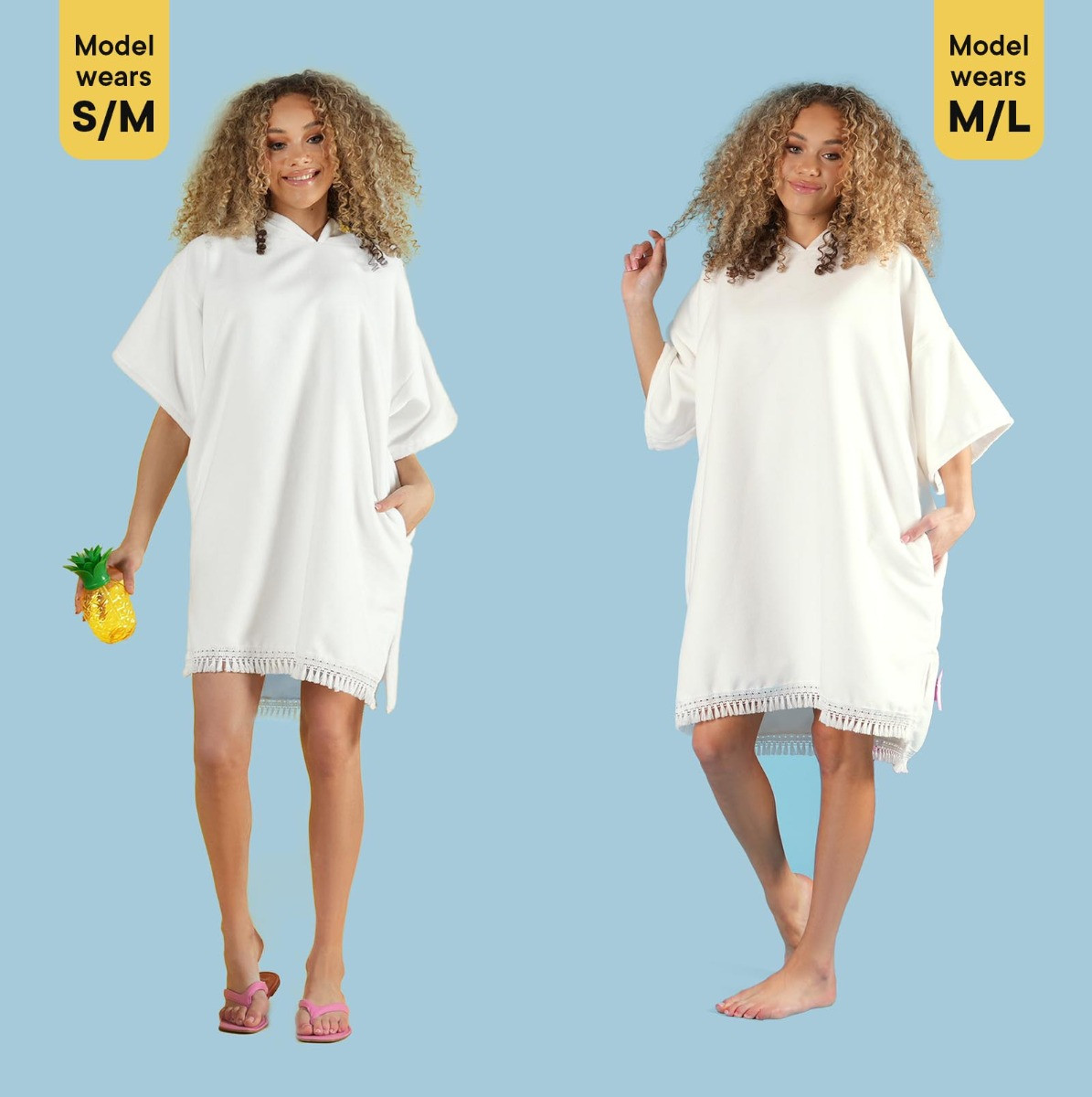 Sienna Tassel Hem Short Sleeve Poncho Towel, White -M/L>