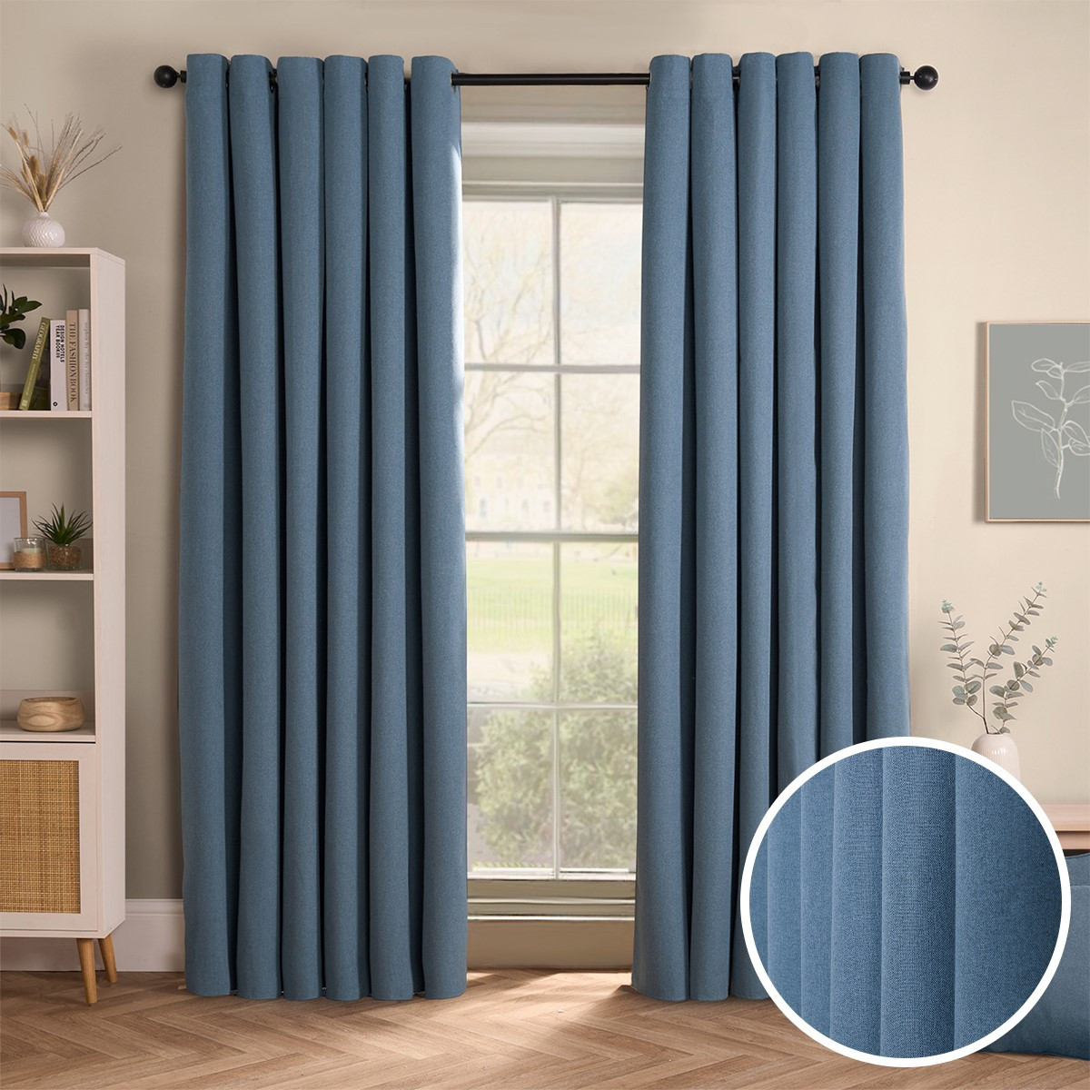 OHS Woven Texture Eyelet Ultra Blackout Curtains - Blue>