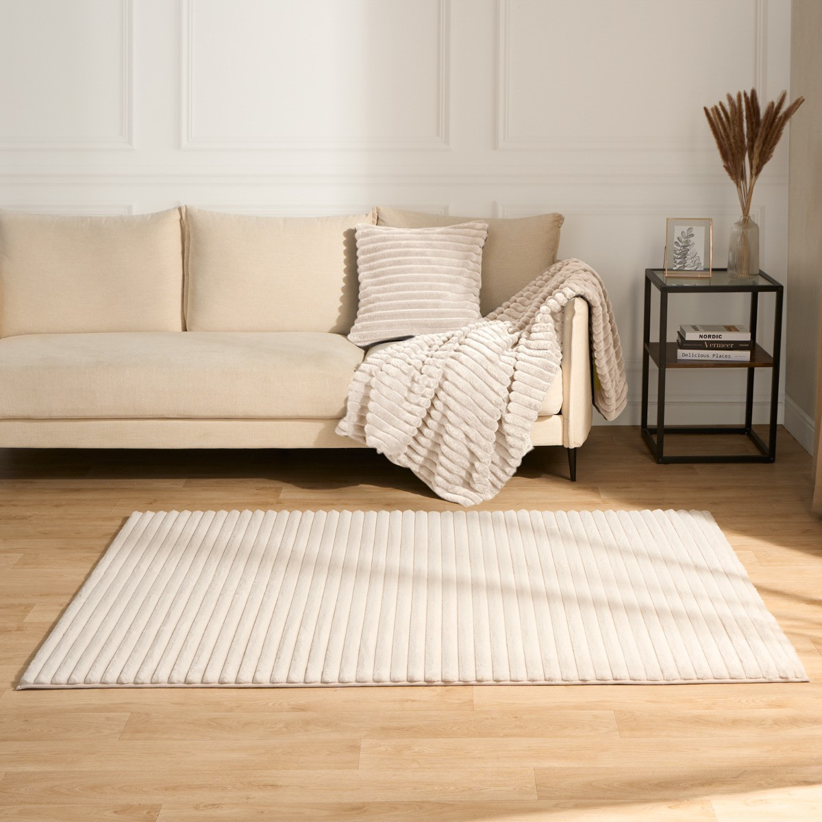 OHS Faux Fur Ribbed Rug - Natural>