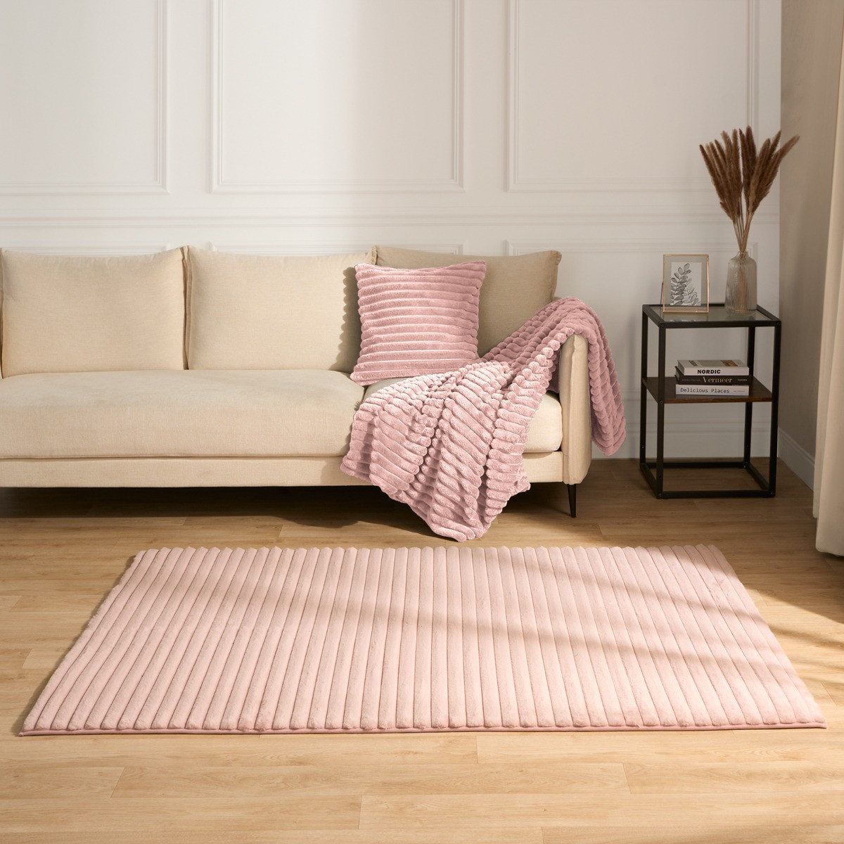 OHS Faux Fur Ribbed Rug, Blush - 120 x 170cm>