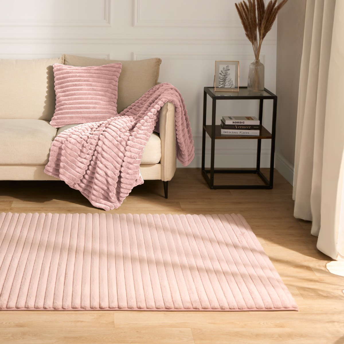 OHS Faux Fur Ribbed Rug, Blush - 120 x 170cm>