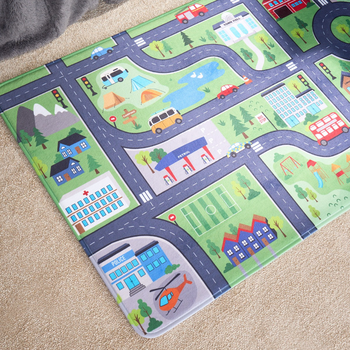 OHS Kids Washable Supersoft Road Map Rug - Green >