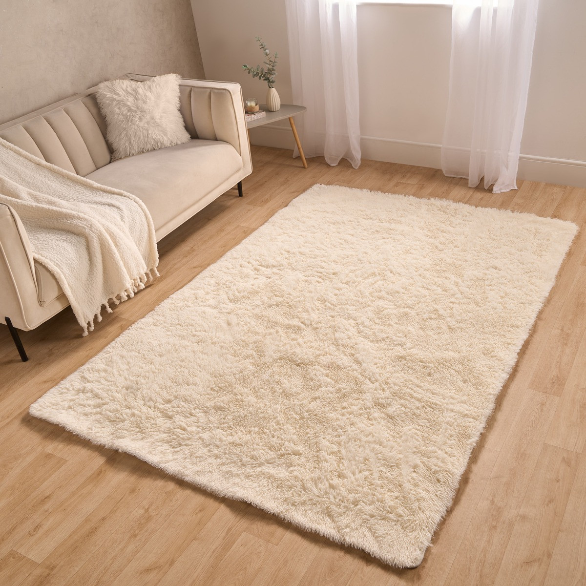 Sienna Fluffy Rug, Cream - 80 x 150cm>