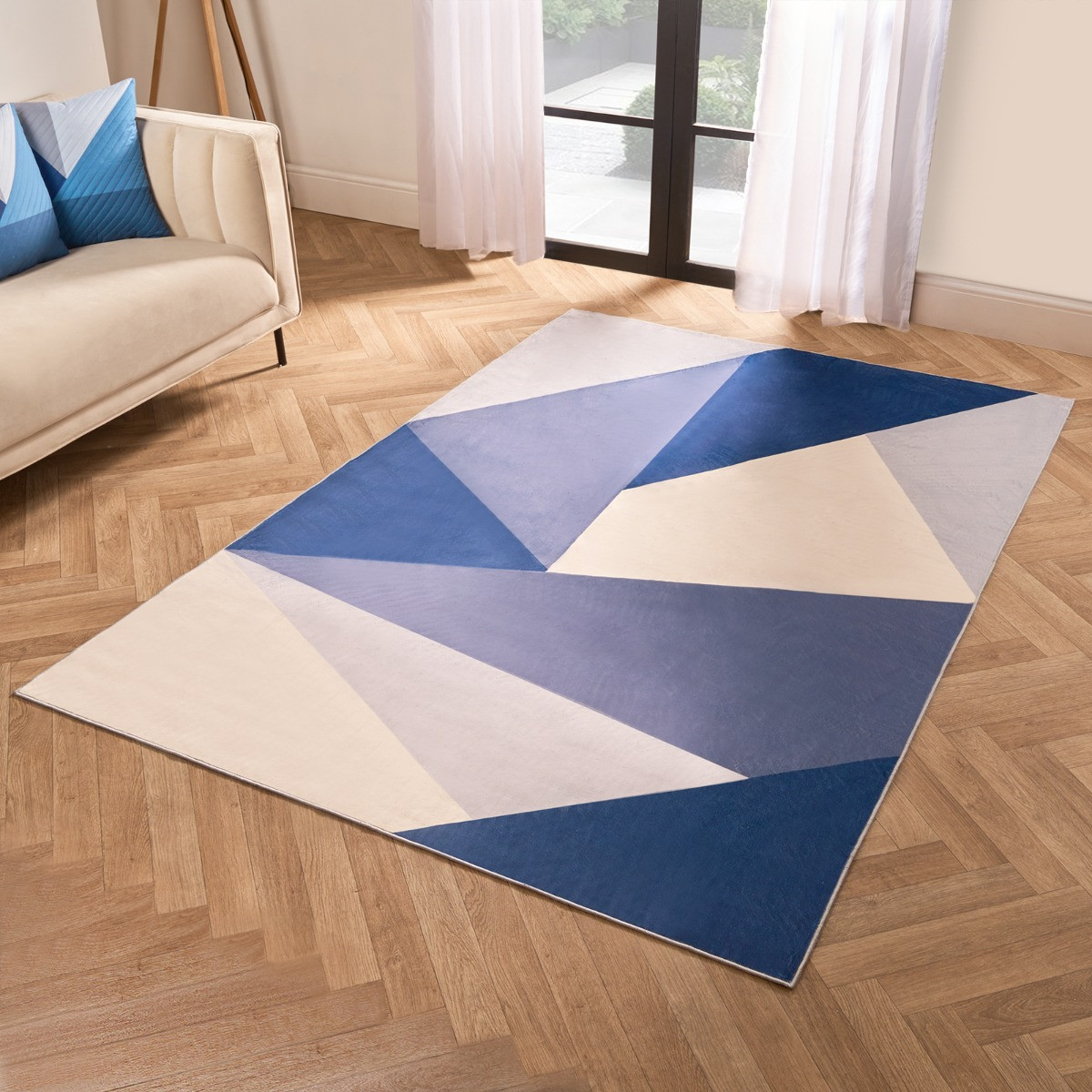 OHS Washable Geometric Printed Rug - Navy>