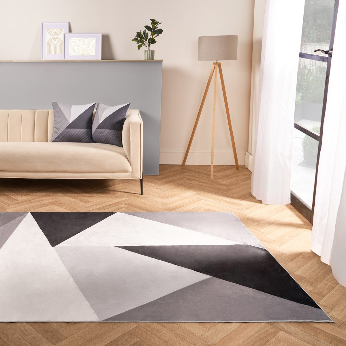 OHS Washable Geometric Printed Rug - Grey>