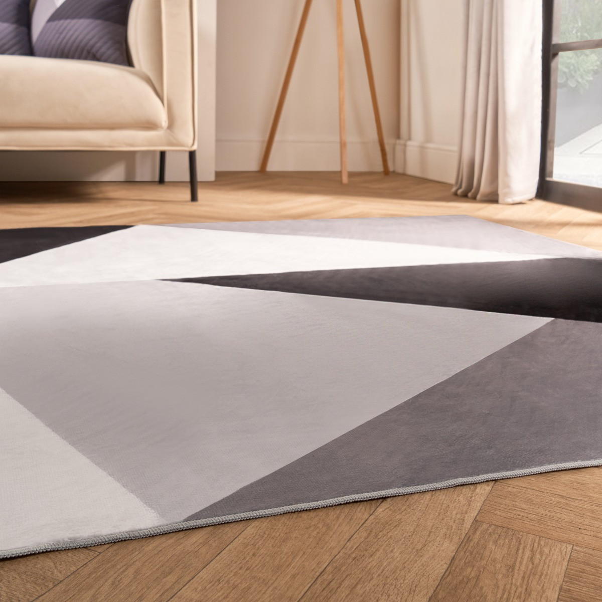 OHS Washable Geometric Printed Rug - Grey>