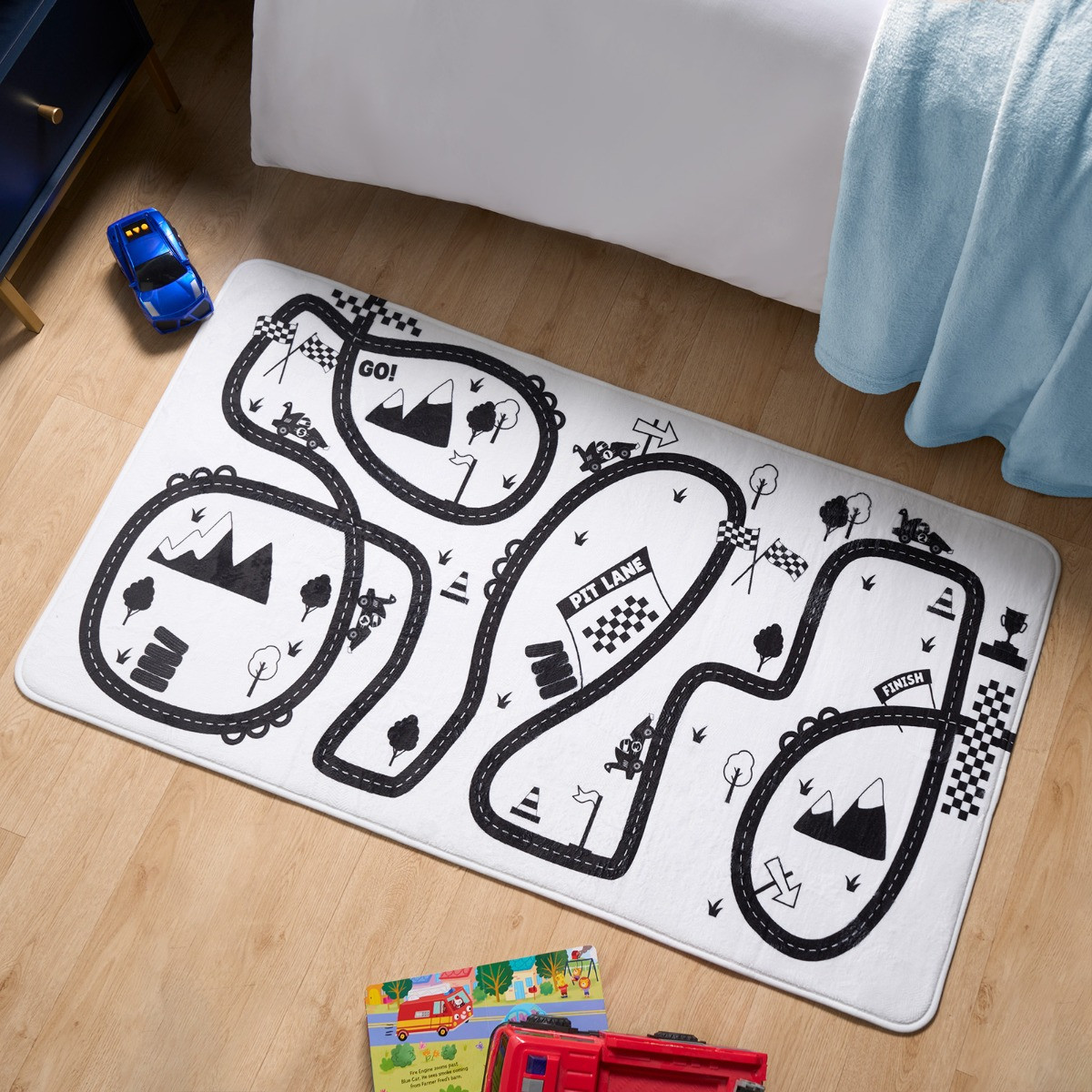 OHS Kids Supersoft Racing Track Printed Rug - Monochrome>