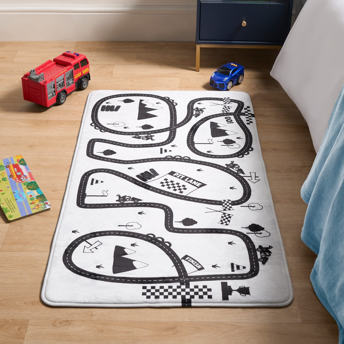 OHS Kids Supersoft Racing Track Printed Rug - Monochrome>