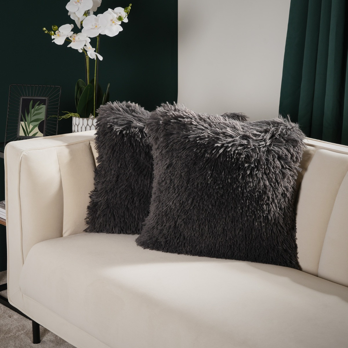 Sienna 2 Pack Faux Mongolian Fur Cushion Covers, Charcoal - 55 x 55 cm>