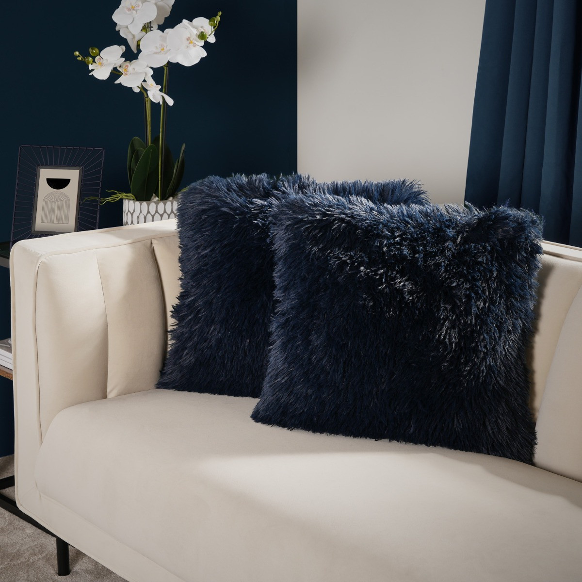 Sienna 2 Pack Faux Mongolian Fur Cushion Covers, Navy - 55 x 55cm>