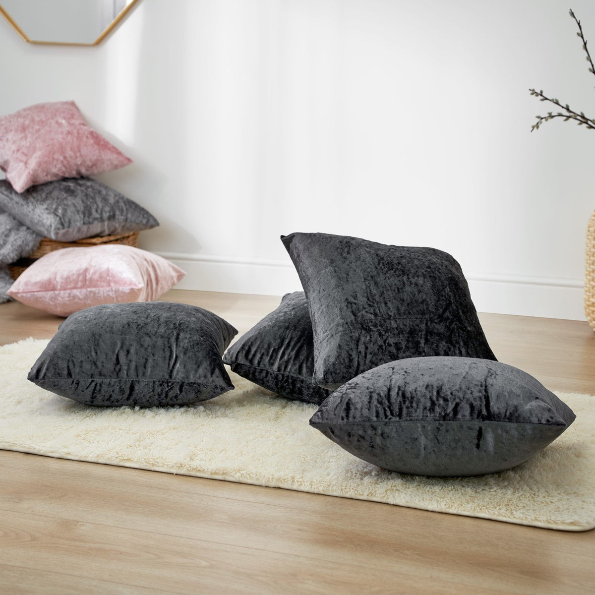 Sienna Crushed Velvet Cushion Covers - Charcoal>