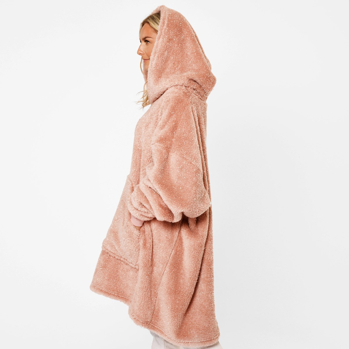 Sienna Teddy Fleece Glitter Hoodie Blanket - Blush Pink