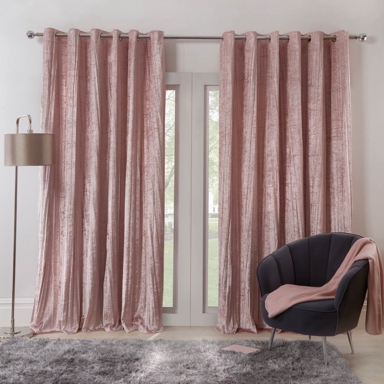 Sienna Home Valencia Crinkle Crushed Velvet Lined Eyelet Curtains, Blush Pink - 46" x 90">