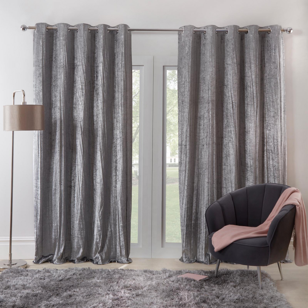 Sienna Home Valencia Crinkle Crushed Velvet Lined Eyelet Curtains, Silver Grey - 90" x 90">