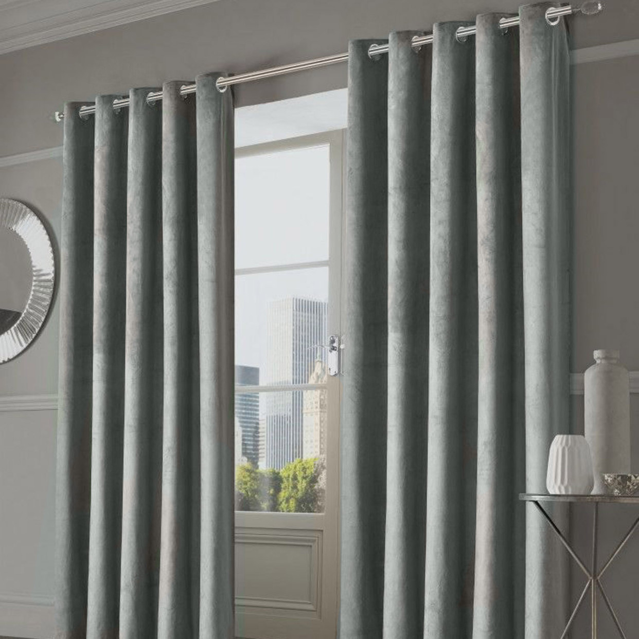 Sienna Home Capri Velvet Eyelet Curtains - Silver Check>