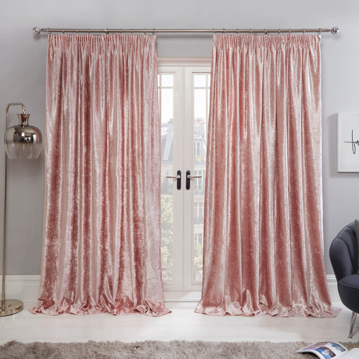 Sienna Crushed Velvet Pencil Pleat Curtains, Blush - 66 x 90>