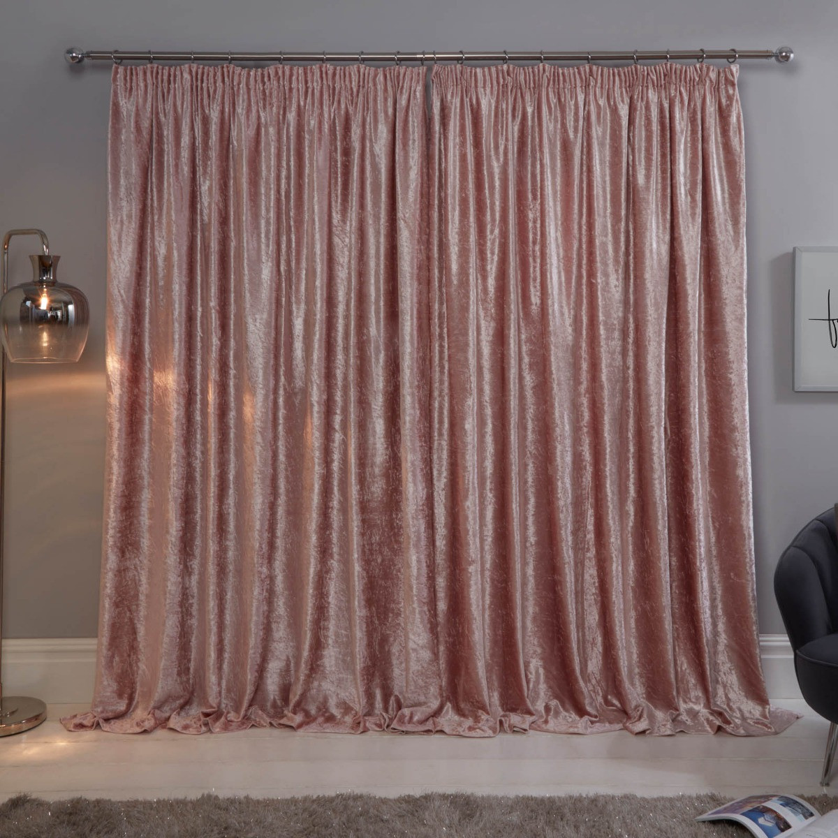 Sienna Crushed Velvet Pencil Pleat Curtains, Blush - 90 x 90>