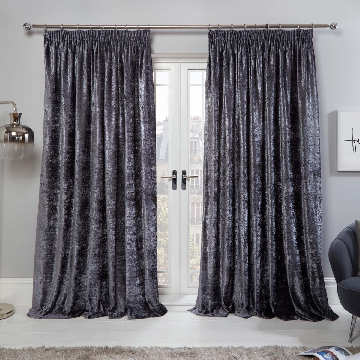 Sienna Crushed Velvet Pencil Pleat Curtains, Charcoal Grey - 66 x 72>