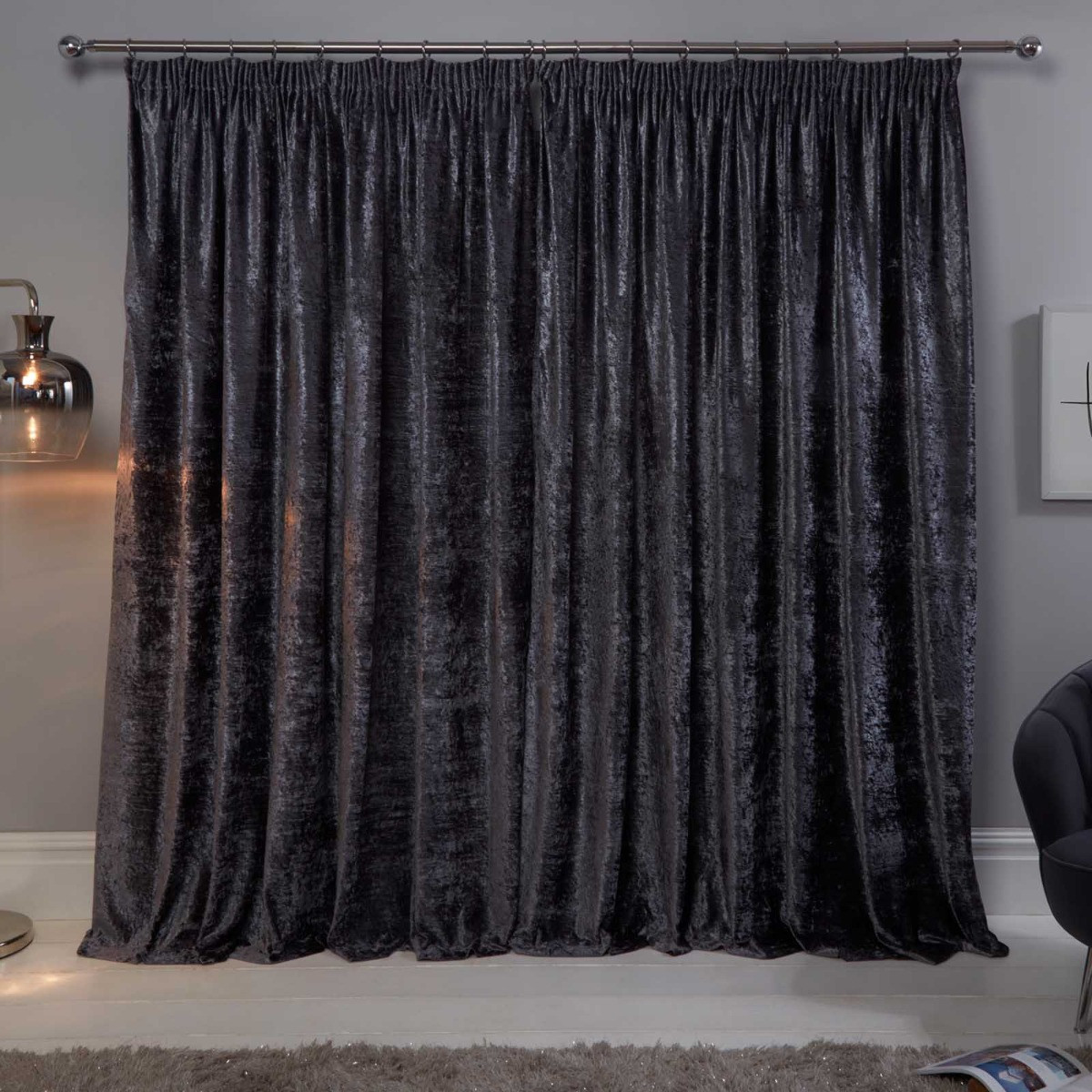 Sienna Crushed Velvet Pencil Pleat Curtains, Charcoal Grey - 66 x 72>