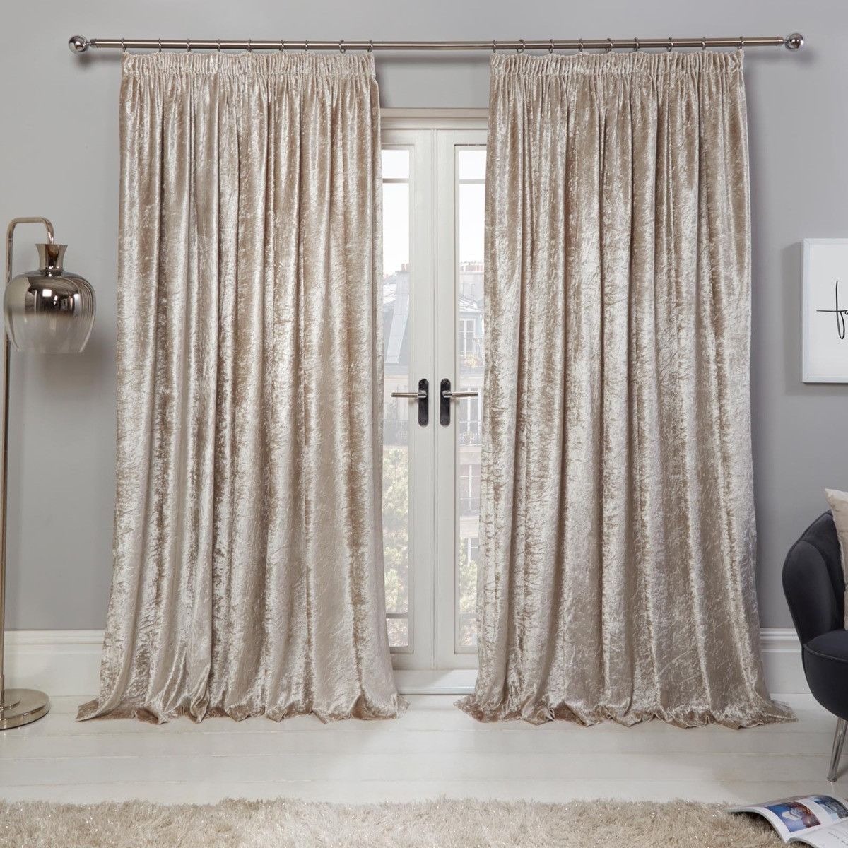 Sienna Crushed Velvet Pencil Pleat Curtains, Natural - 90 x 90>