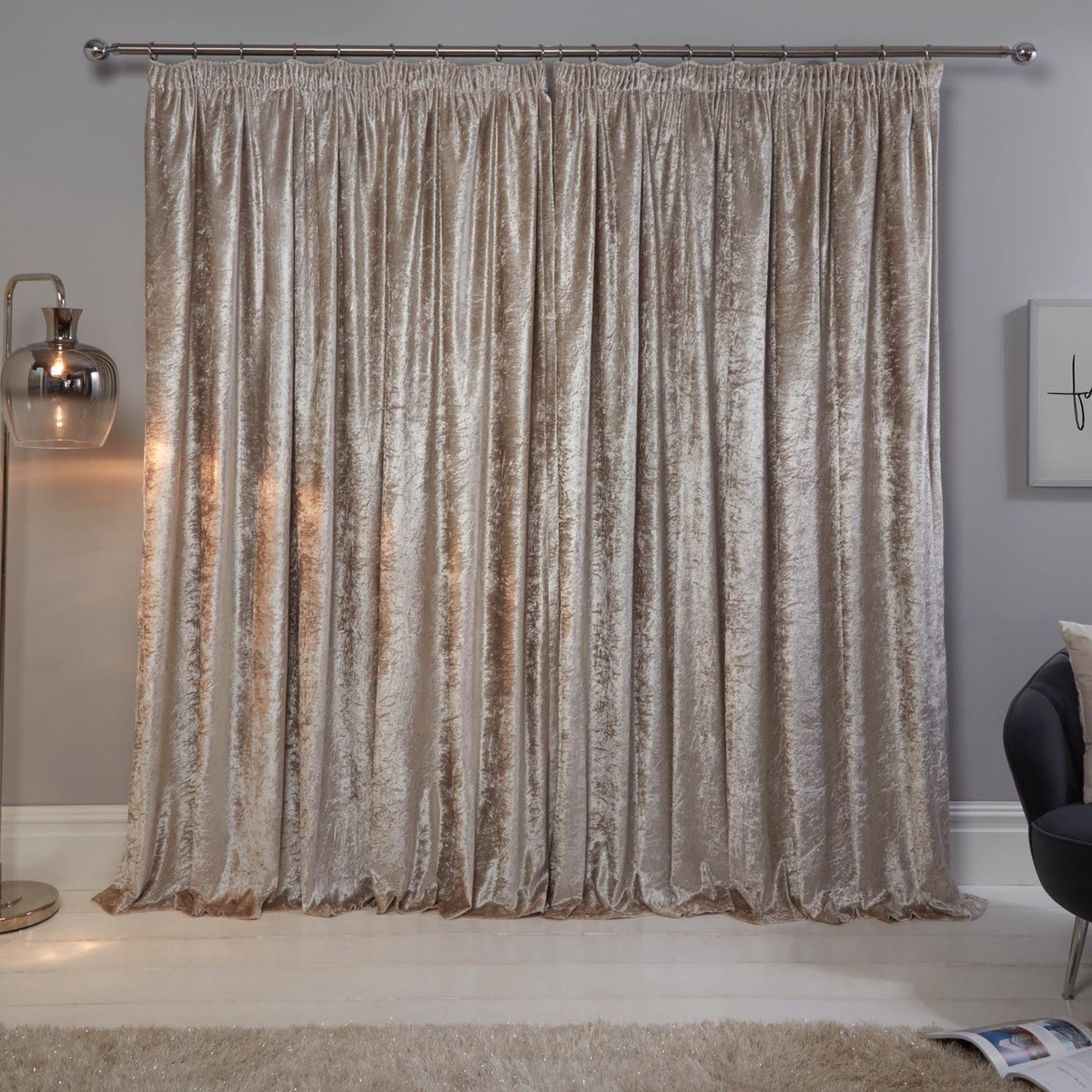 Sienna Crushed Velvet Pencil Pleat Curtains, Natural - 66 x 90>