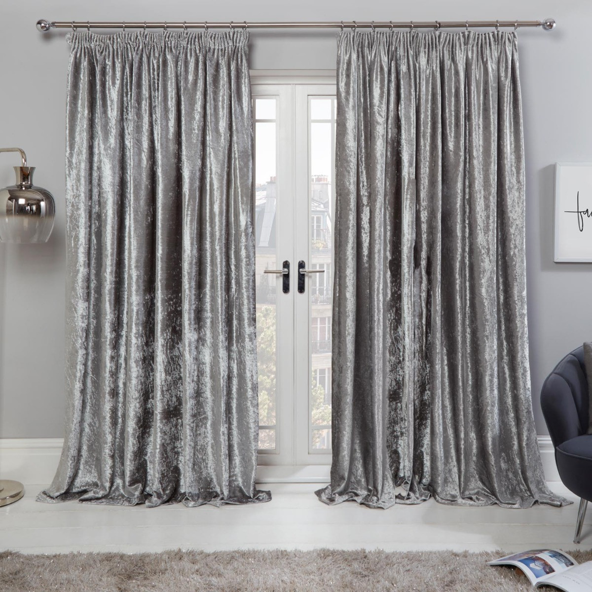 Sienna Crushed Velvet Pencil Pleat Curtains, Silver - 66 x 90>