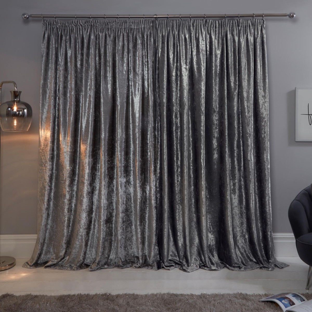 Sienna Crushed Velvet Pencil Pleat Curtains, Silver - 66 x 90>