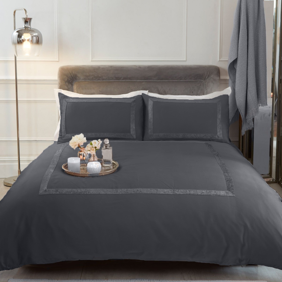 Sienna Crushed Velvet Border Duvet Set, Silver Grey - Single>