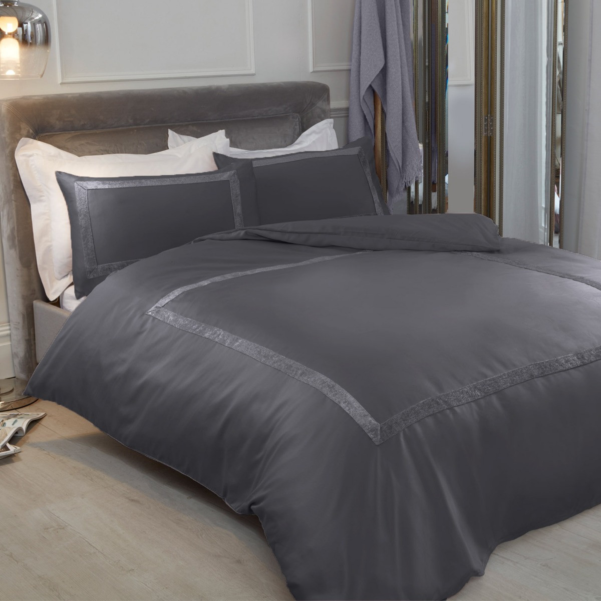 Sienna Crushed Velvet Border Duvet Set, Silver Grey - Single>