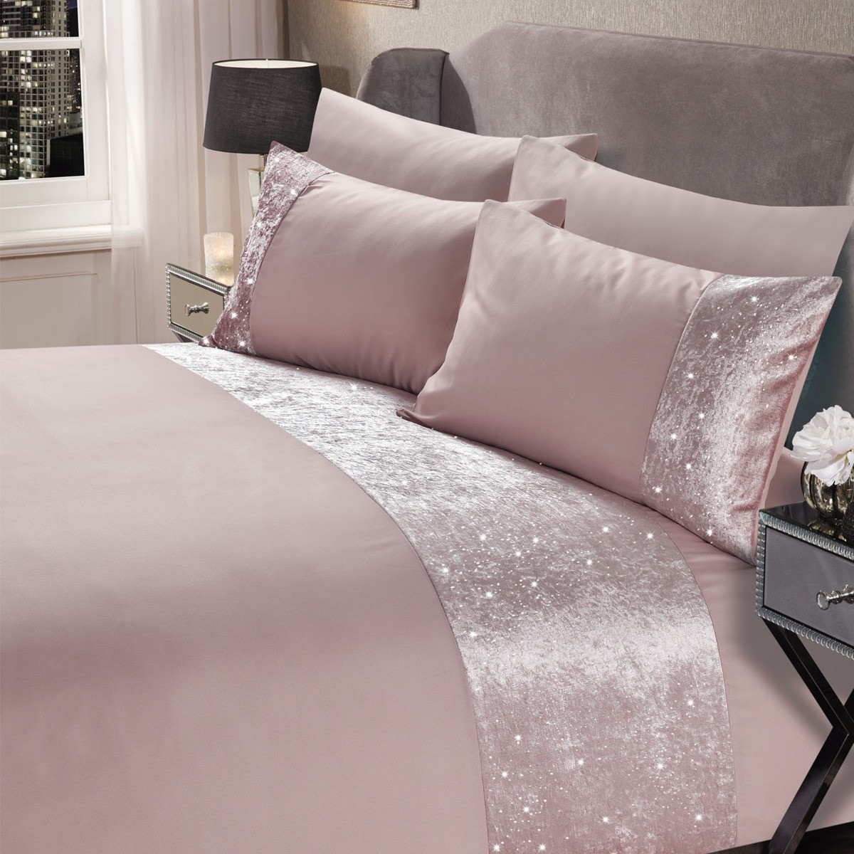 Sienna Crushed Velvet Glitter Panel Duvet Cover Set, Blush Pink - Single>