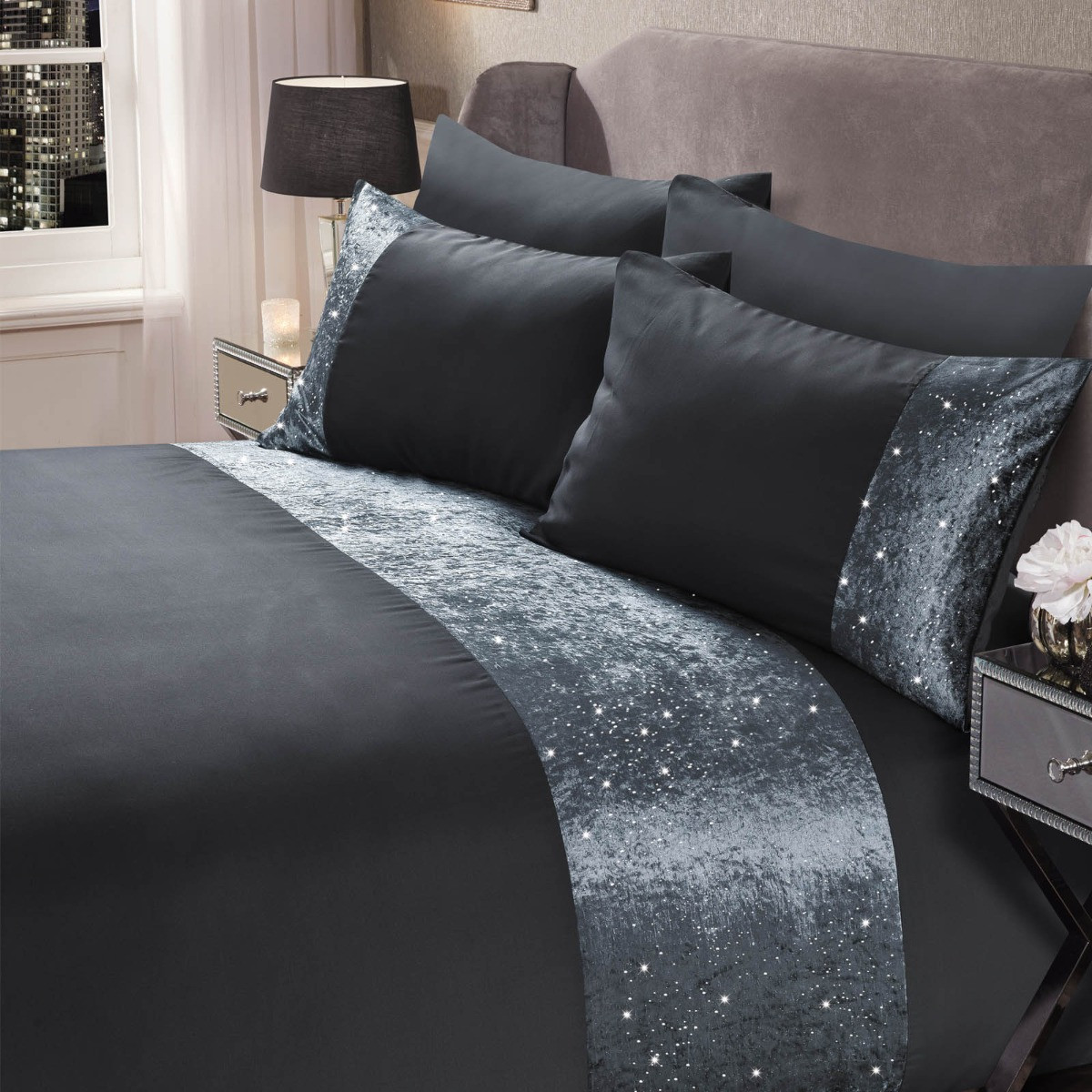 Sienna Crushed Velvet Glitter Panel Duvet Cover Set, Charcoal Grey - Single>