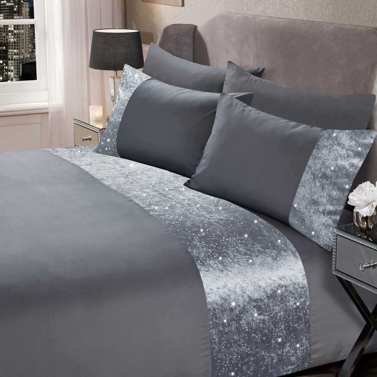 Sienna Crushed Velvet Glitter Panel Duvet Cover Set, Silver Grey - Single>