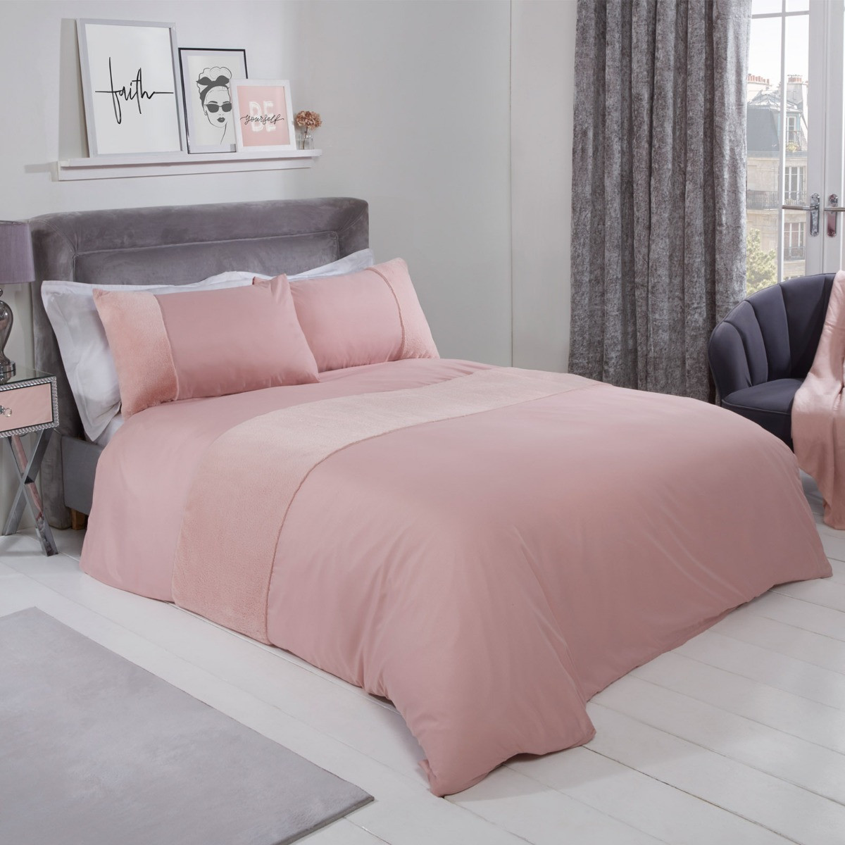 Sienna Faux Fur Panel Duvet Cover Set, Blush Pink - Single>