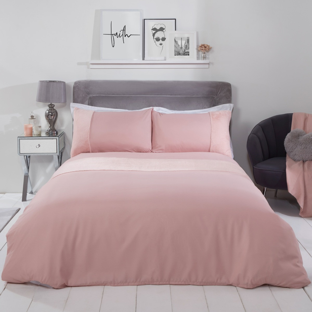 Sienna Faux Fur Panel Duvet Cover Set, Blush Pink - Single>