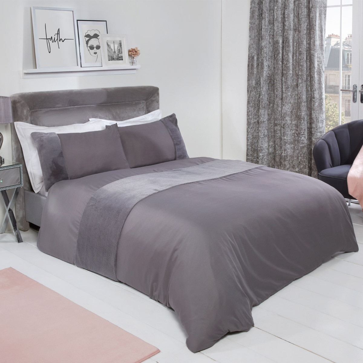 Sienna Faux Fur Panel Duvet Cover Set, Silver Grey - King>