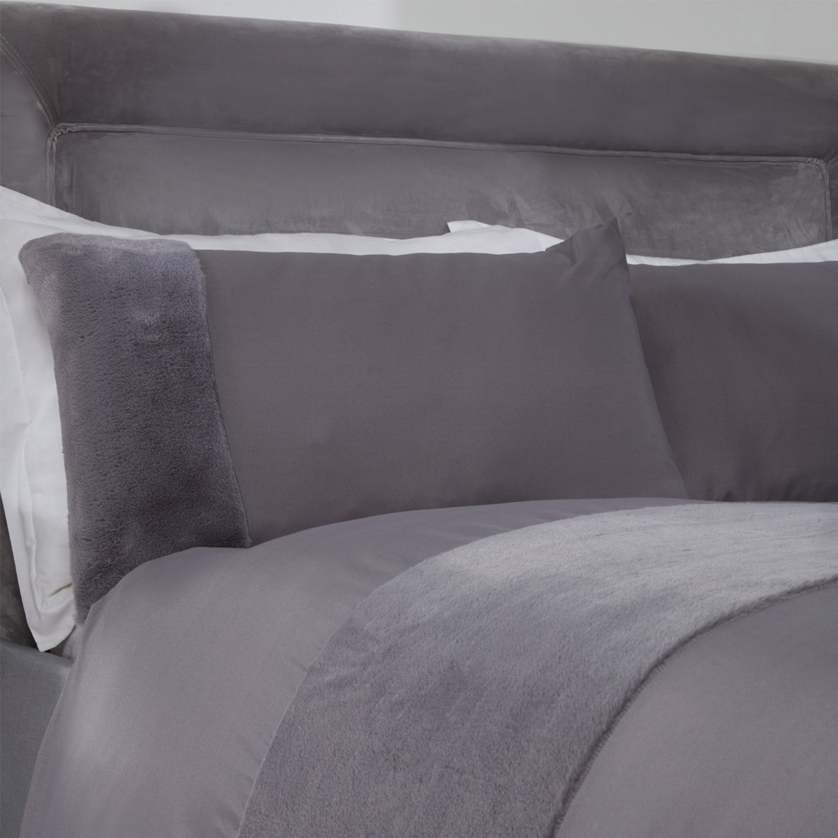 Sienna Faux Fur Panel Duvet Cover Set, Silver Grey - Single>