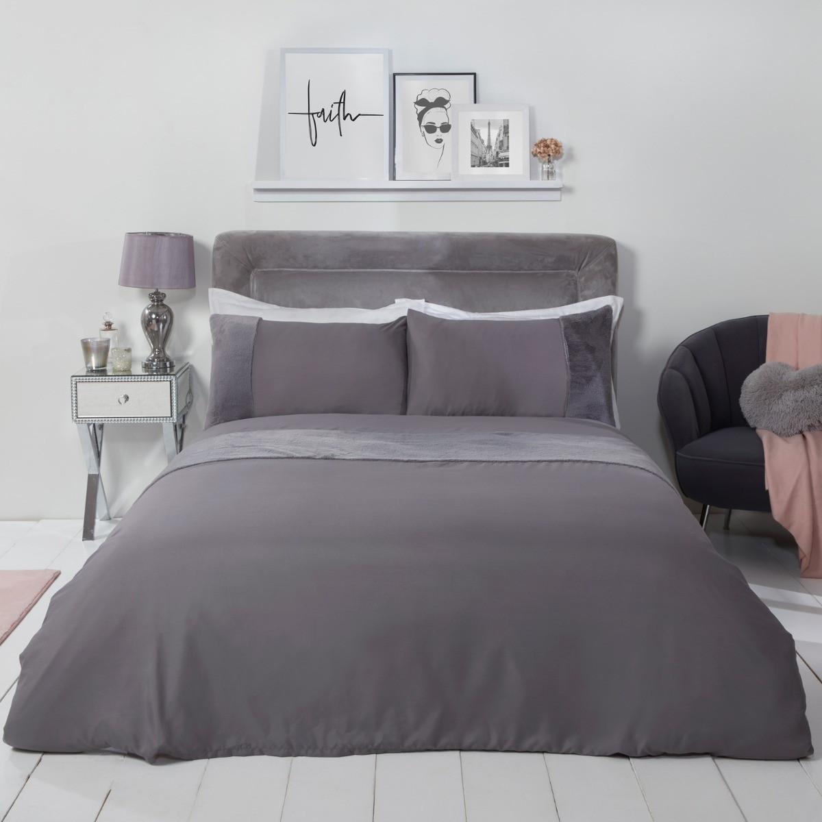 Sienna Faux Fur Panel Duvet Cover Set, Silver Grey - Single>