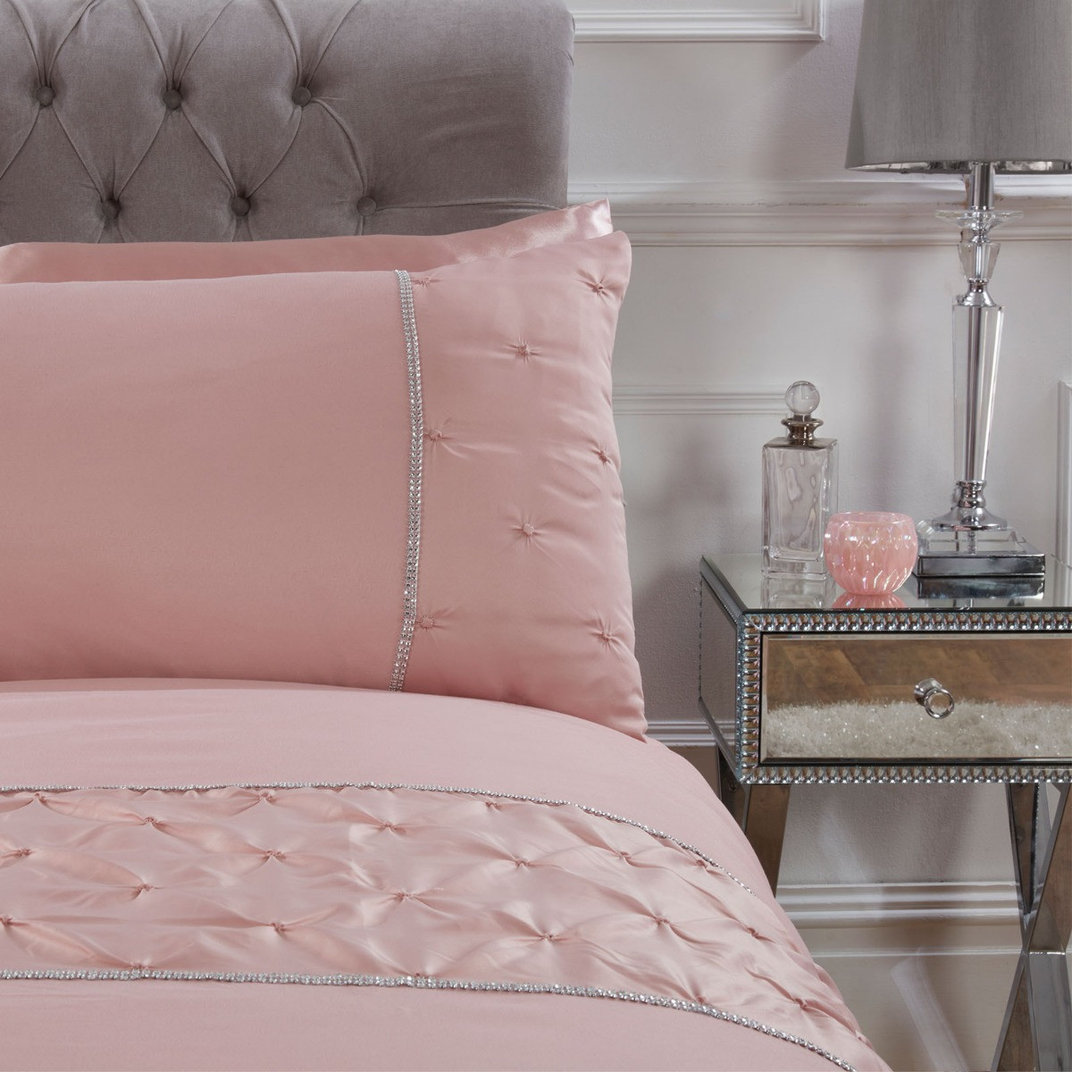 Sienna Satin Pintuck Diamante Band Duvet Cover Set - Blush Pink