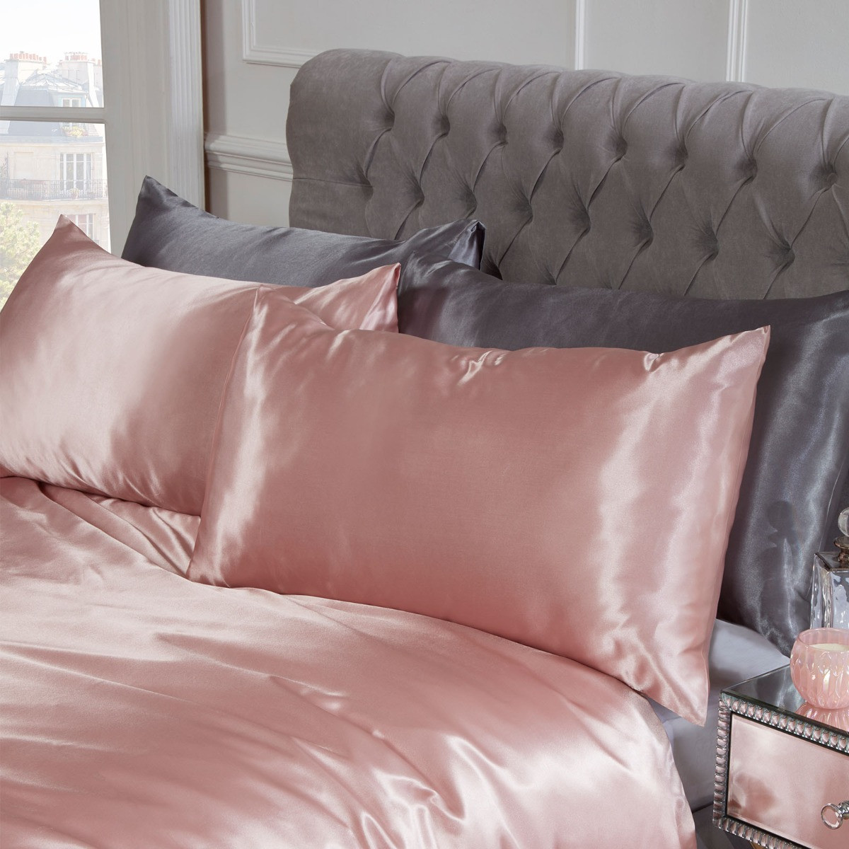 Sienna Plain Satin Duvet Cover Set, Blush Pink - Single>