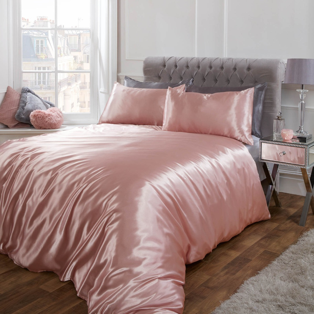 Sienna Plain Satin Duvet Cover Set, Blush Pink - Single>