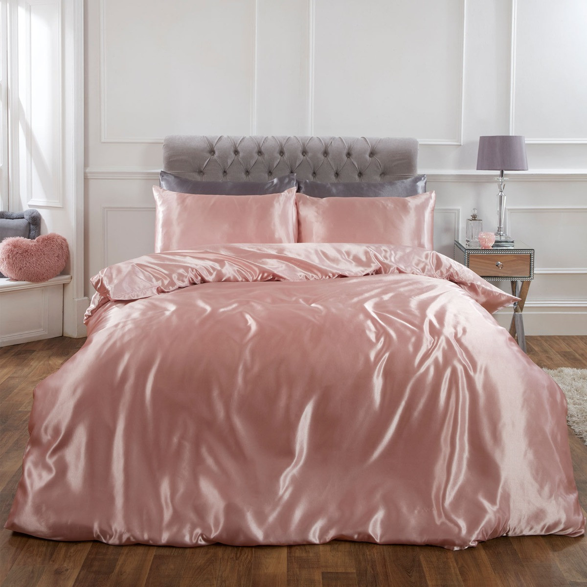 Sienna Plain Satin Duvet Cover Set, Blush Pink - Single>