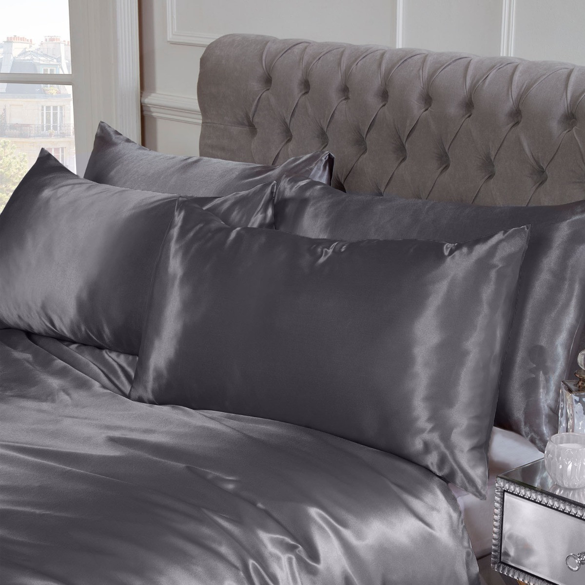 Sienna Plain Satin Duvet Cover Set, Silver Grey - Single>